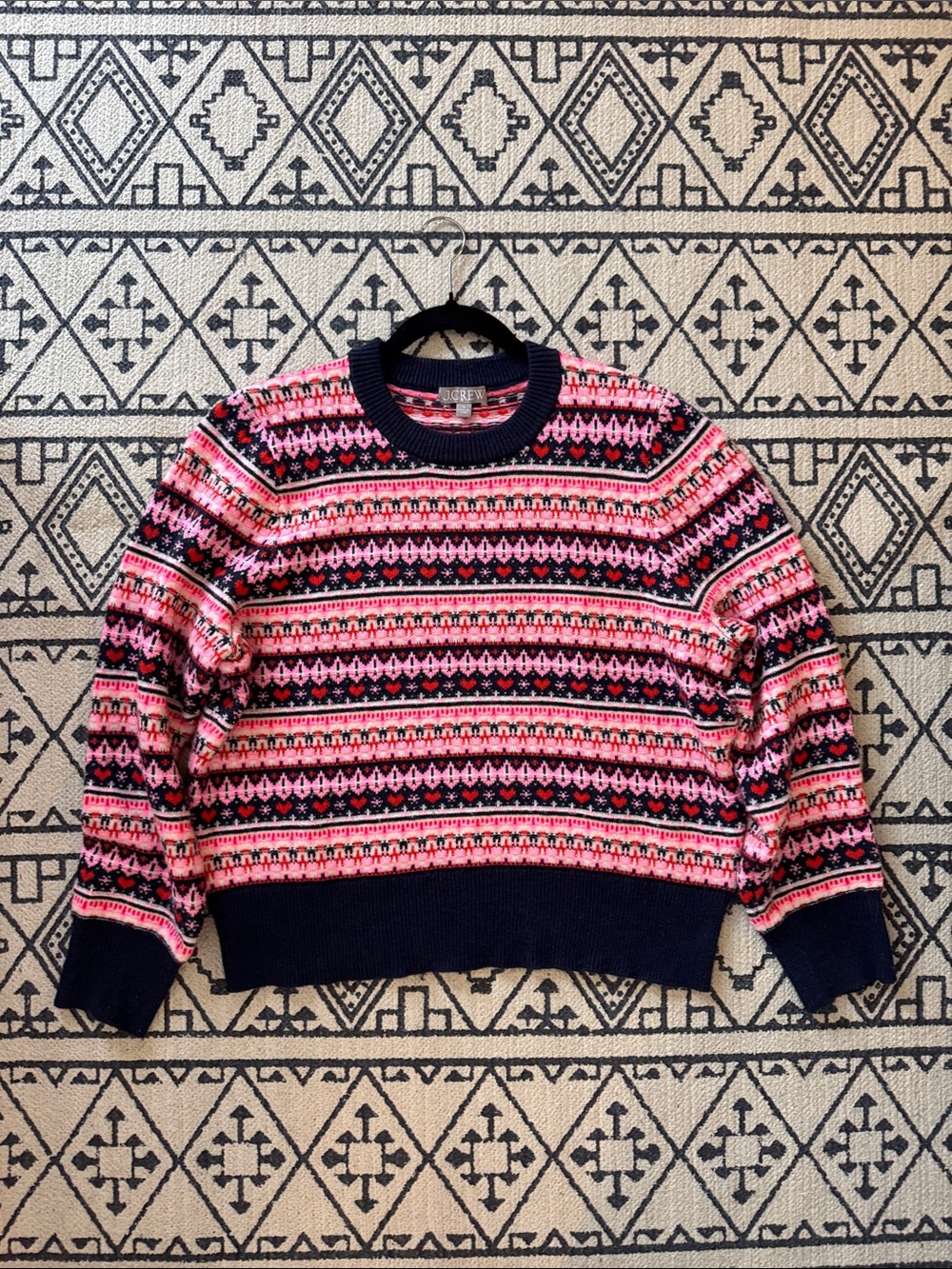 J. Crew Navy and Pink Wool Blend Fair Isle Crewneck Sweater with Hearts